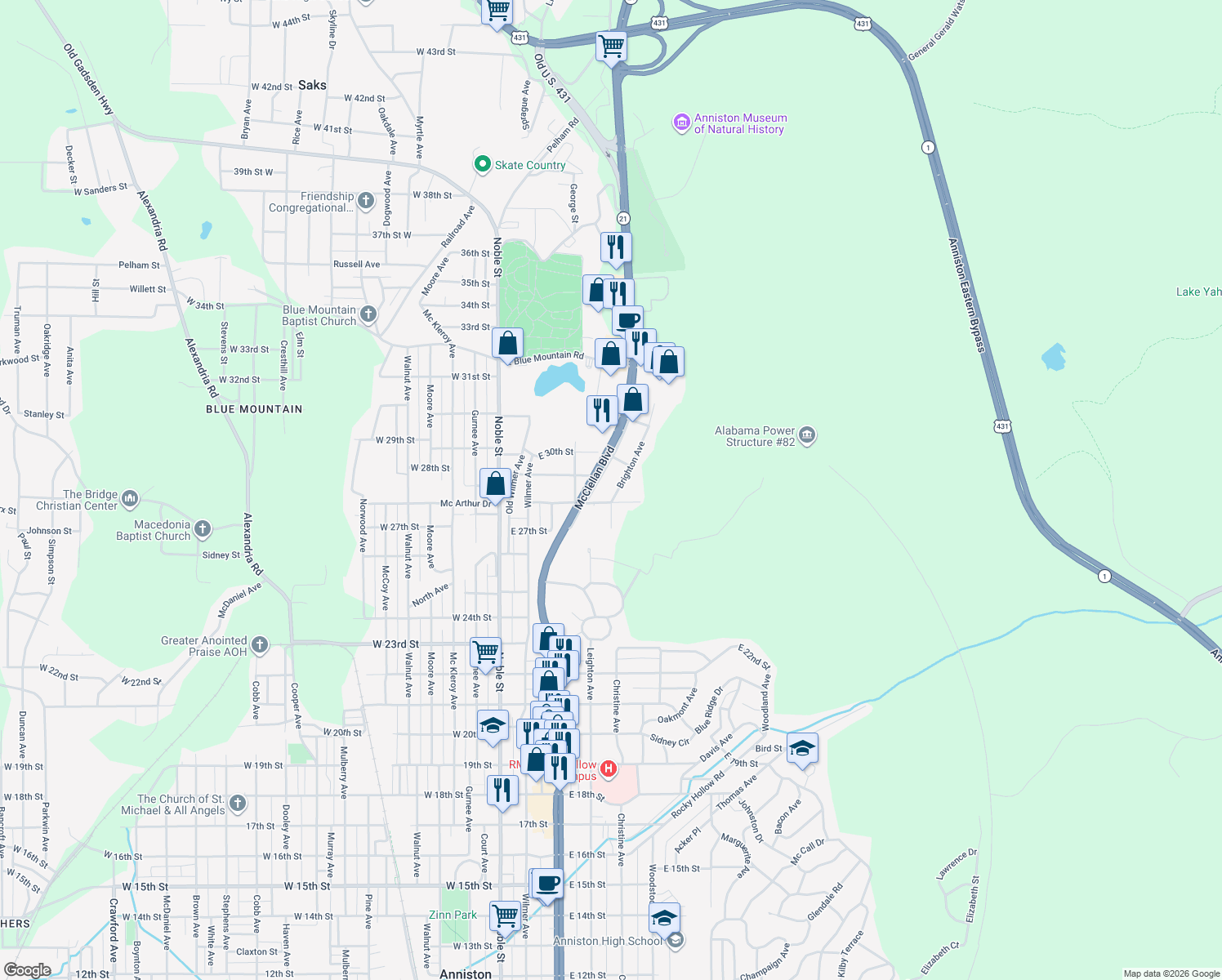 map of restaurants, bars, coffee shops, grocery stores, and more near 2816 Brighton Ave in Anniston