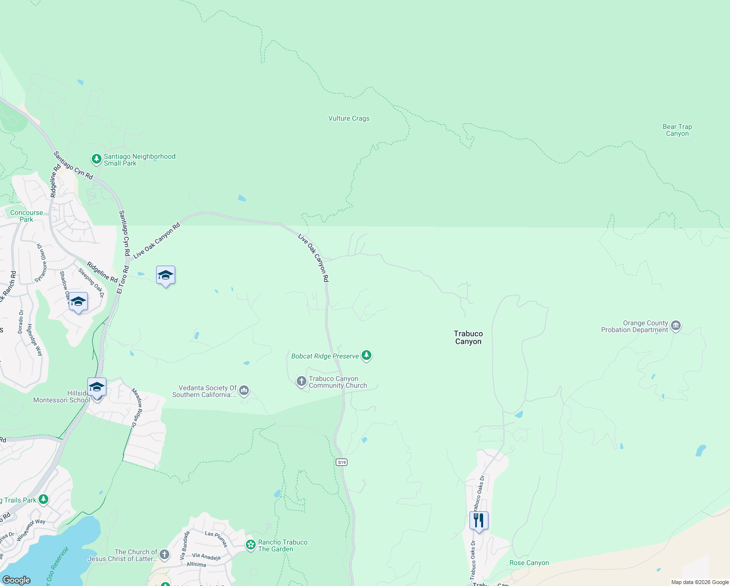 map of restaurants, bars, coffee shops, grocery stores, and more near 19332 Oakie Doakie in Trabuco Canyon