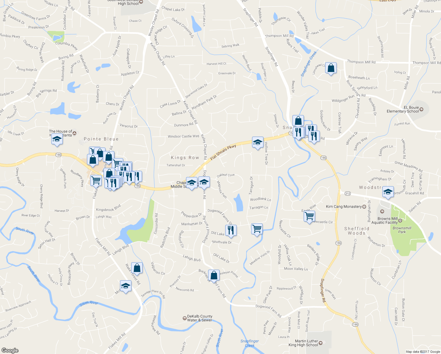map of restaurants, bars, coffee shops, grocery stores, and more near 4305 Oakleaf Cove in Decatur