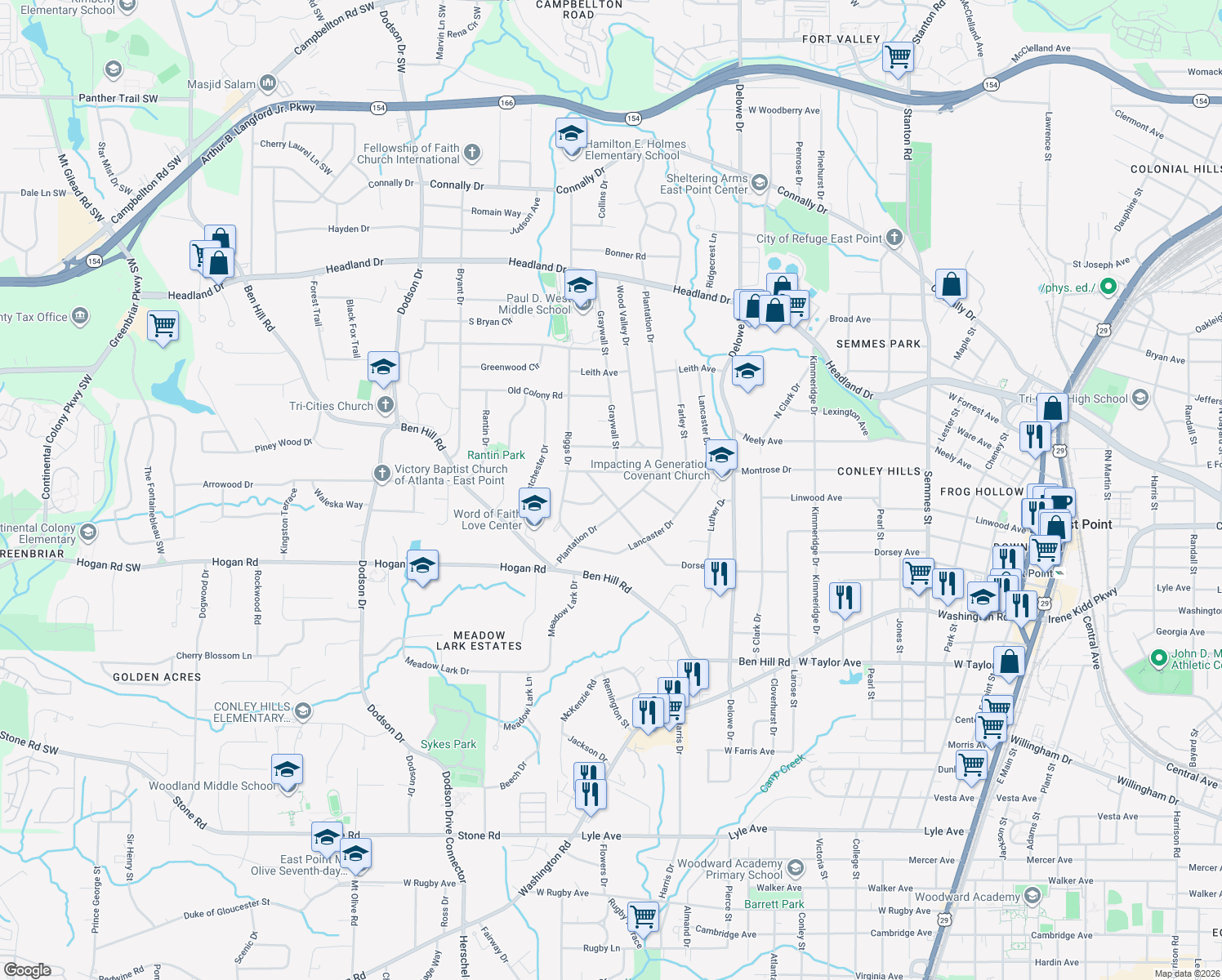 map of restaurants, bars, coffee shops, grocery stores, and more near 2303 Dorsey Ave in East Point