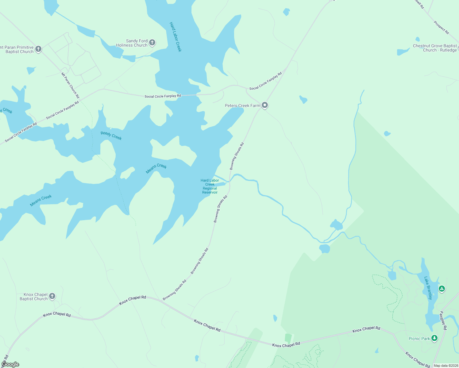 map of restaurants, bars, coffee shops, grocery stores, and more near Browning Shoals Road in Social Circle