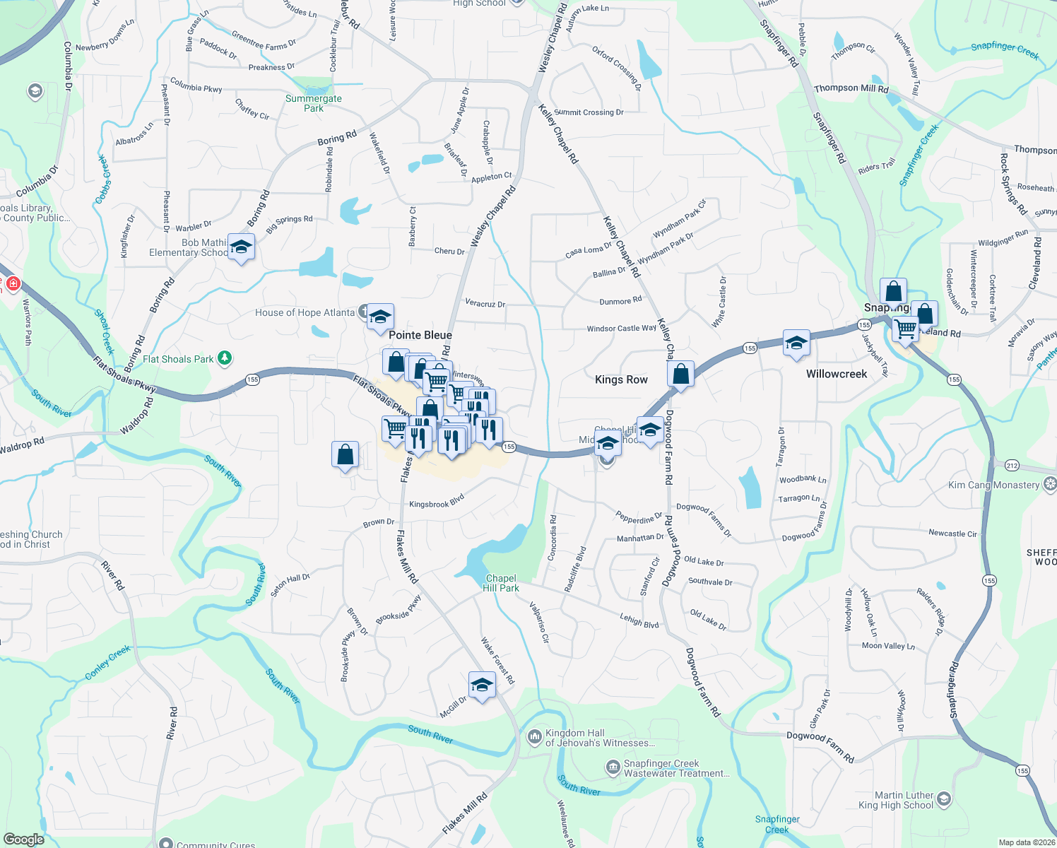 map of restaurants, bars, coffee shops, grocery stores, and more near 4148 Pinehurst Valley Dr in Decatur
