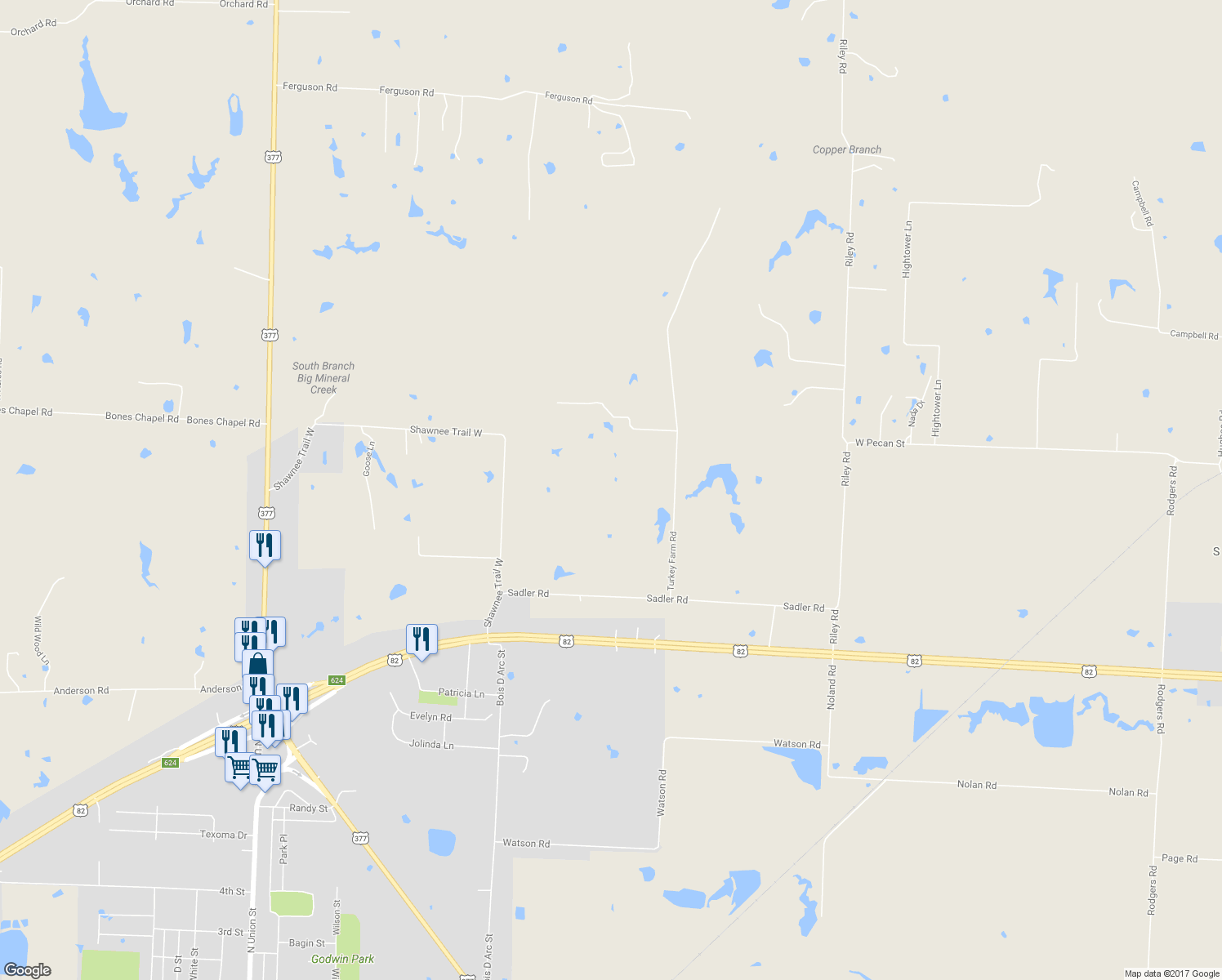 map of restaurants, bars, coffee shops, grocery stores, and more near 299 Sadler Road in Whitesboro