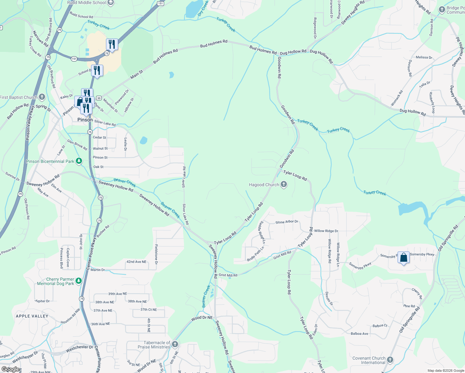 map of restaurants, bars, coffee shops, grocery stores, and more near 6118 Knob Knoster Road in Pinson