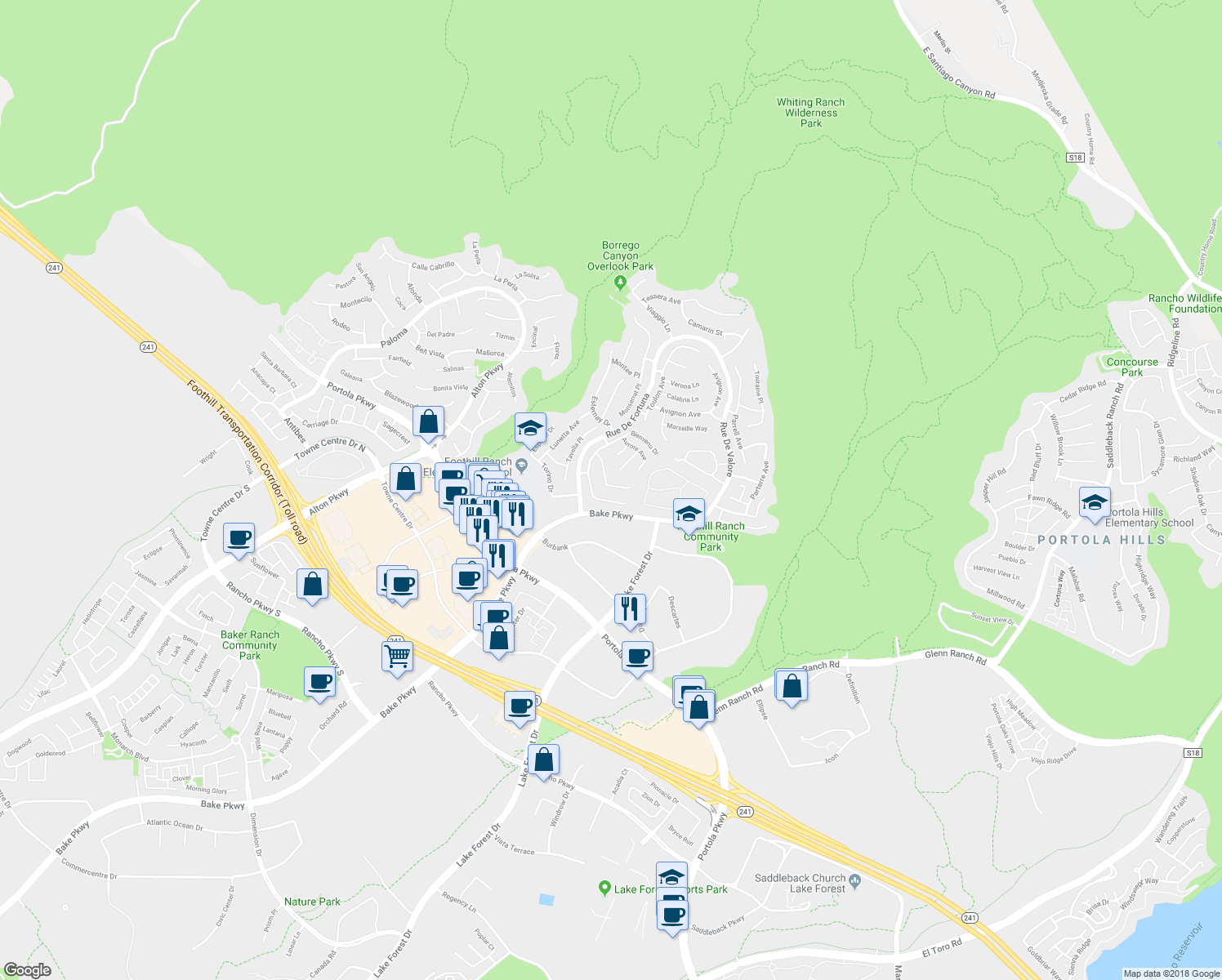 map of restaurants, bars, coffee shops, grocery stores, and more near 31 Massier Ln in Foothill Ranch