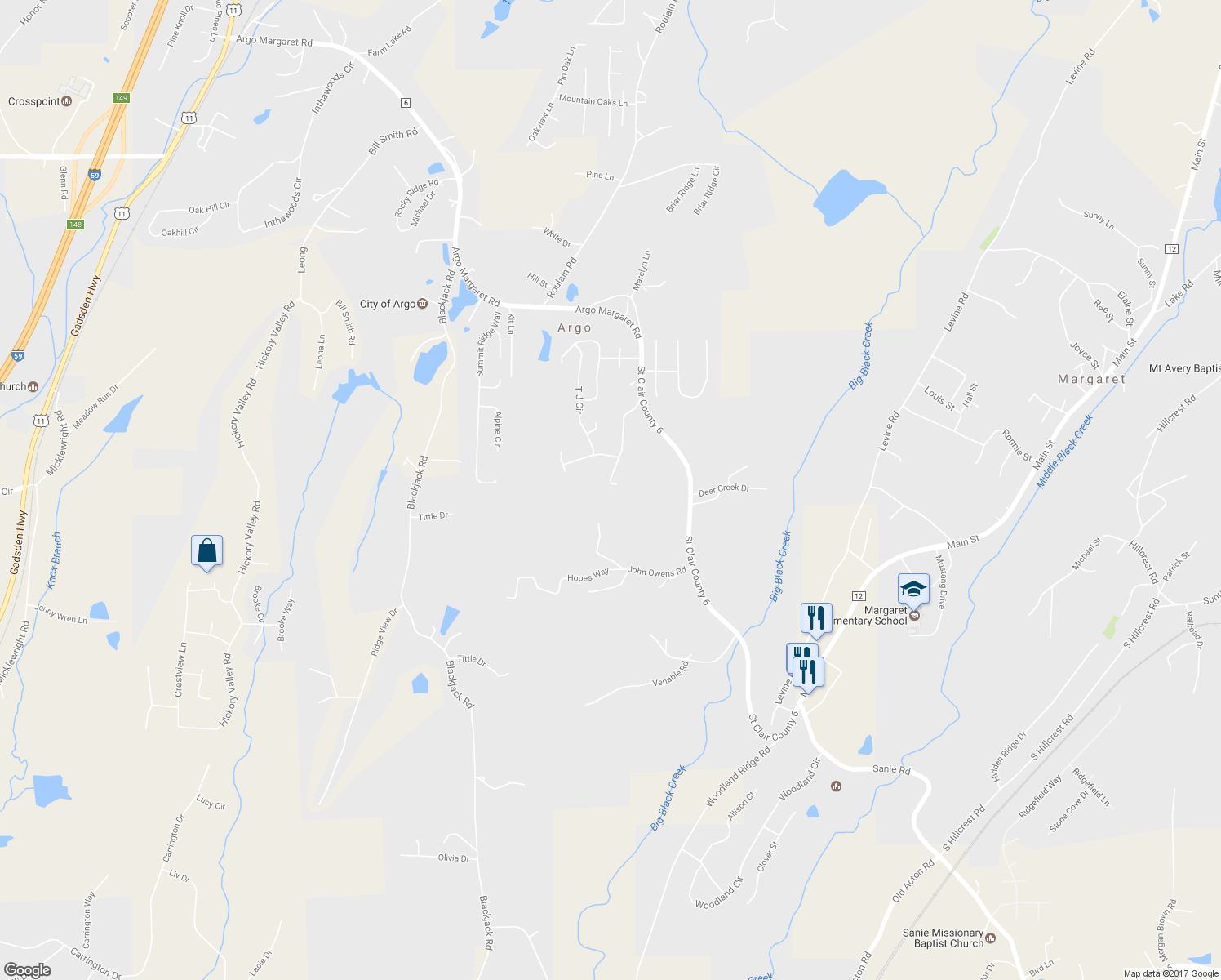 map of restaurants, bars, coffee shops, grocery stores, and more near 948 Brookstone Place in Odenville