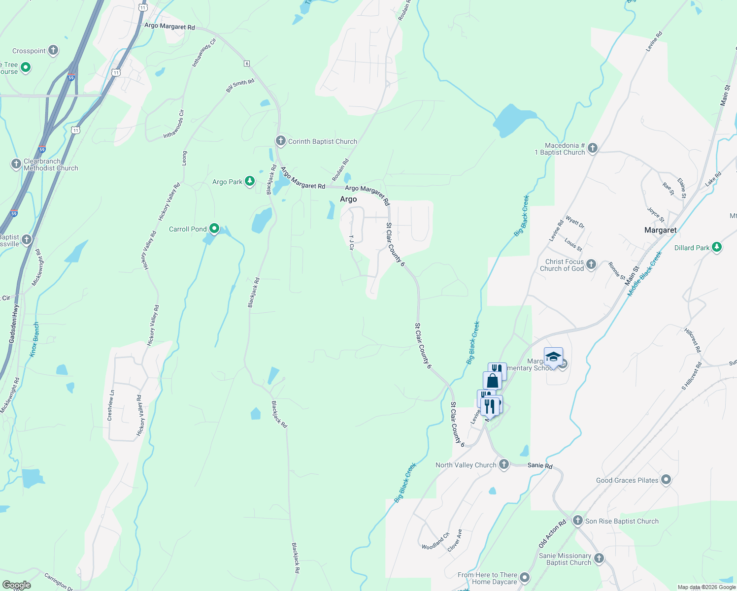map of restaurants, bars, coffee shops, grocery stores, and more near 948 Brookstone Place in Odenville