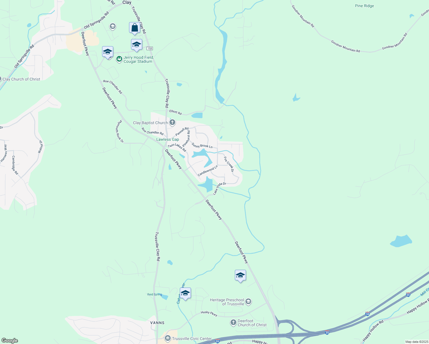map of restaurants, bars, coffee shops, grocery stores, and more near 6081 Lamplighter Way in Trussville