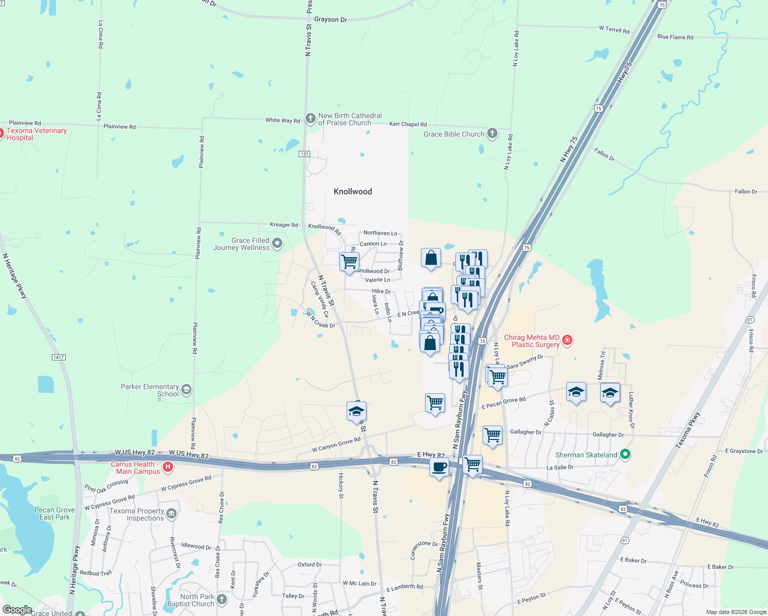 map of restaurants, bars, coffee shops, grocery stores, and more near 4812 Indio Lane in Sherman