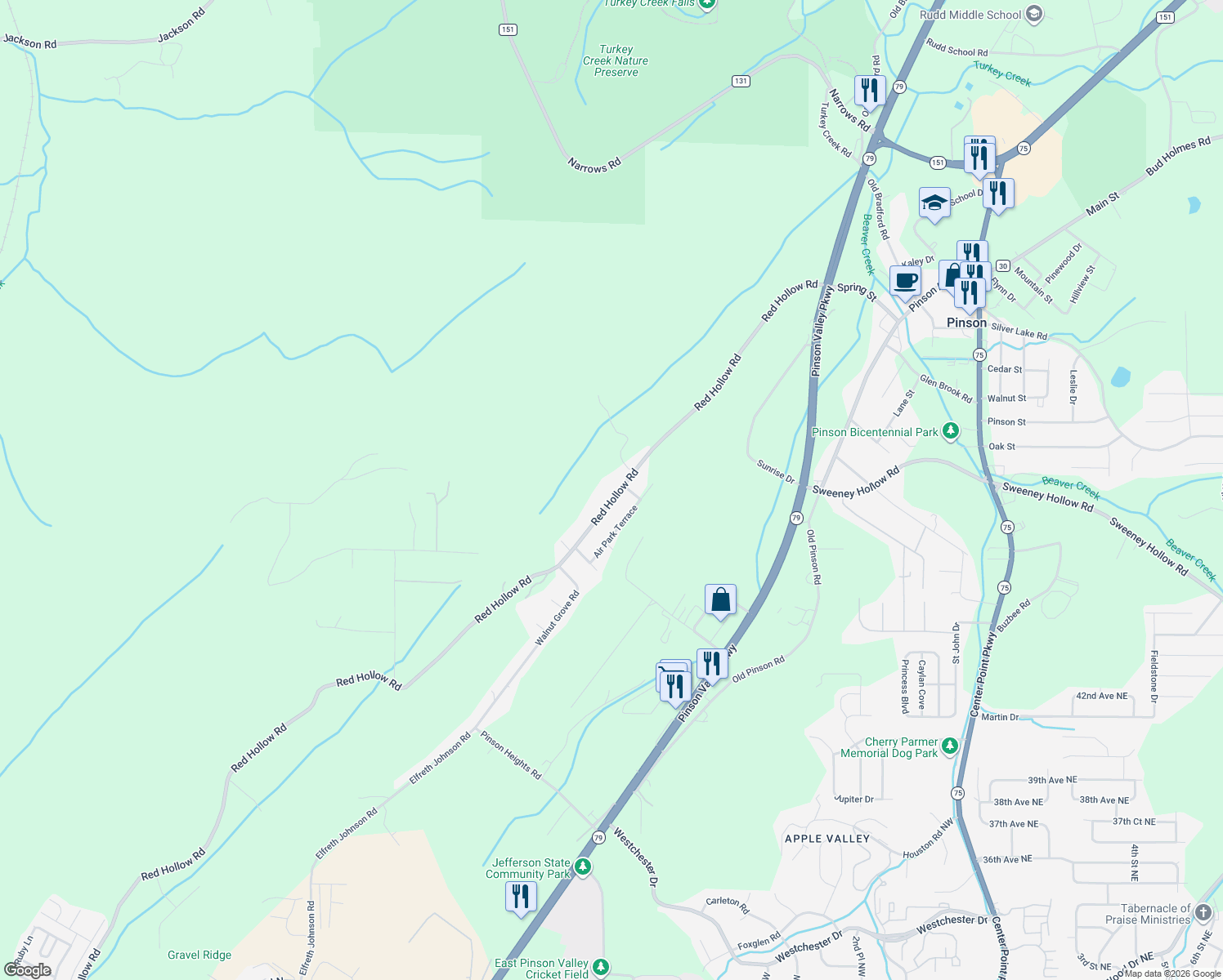 map of restaurants, bars, coffee shops, grocery stores, and more near 6087 Red Hollow Road in Birmingham