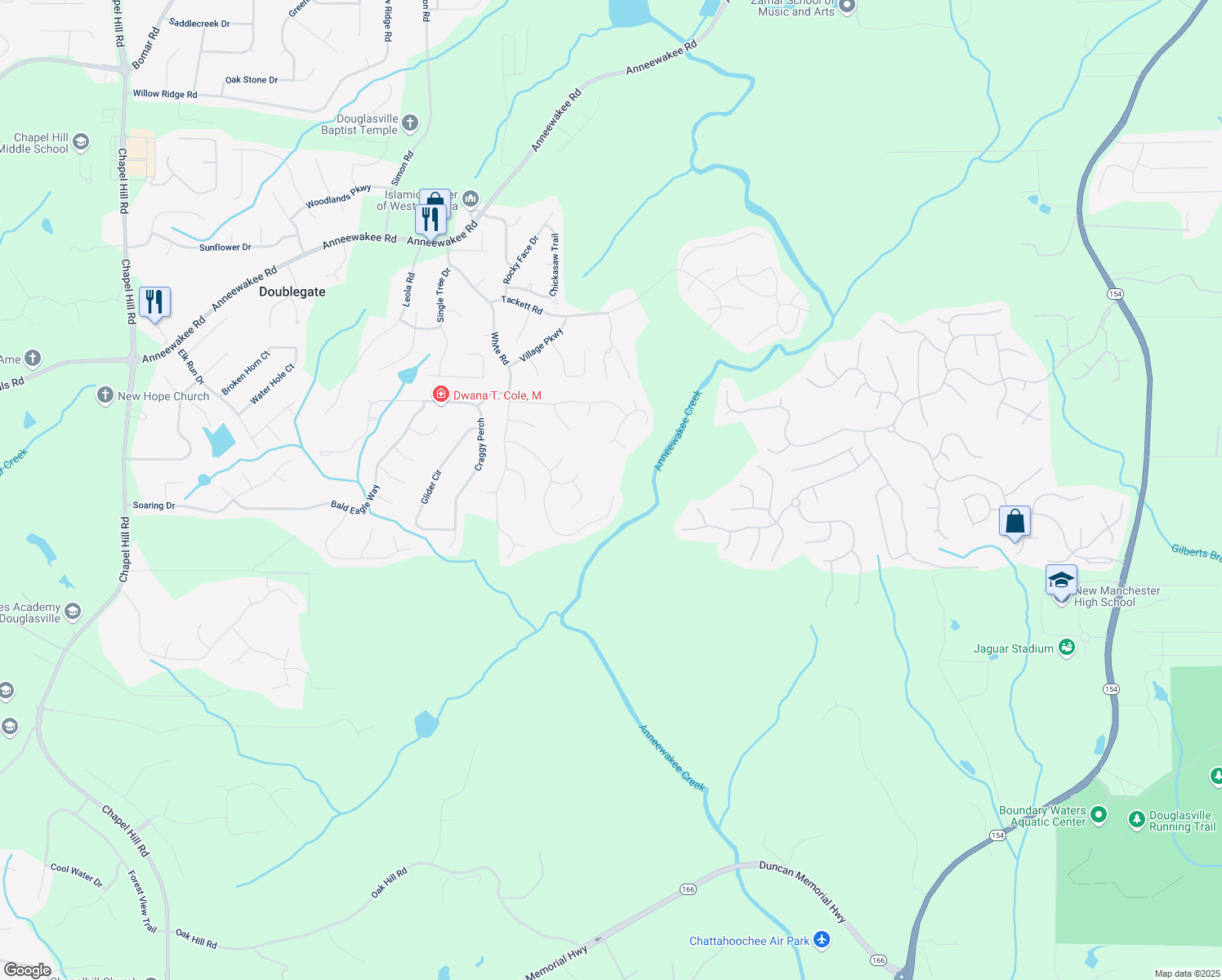 map of restaurants, bars, coffee shops, grocery stores, and more near 3130 Lower Creek Drive in Douglasville