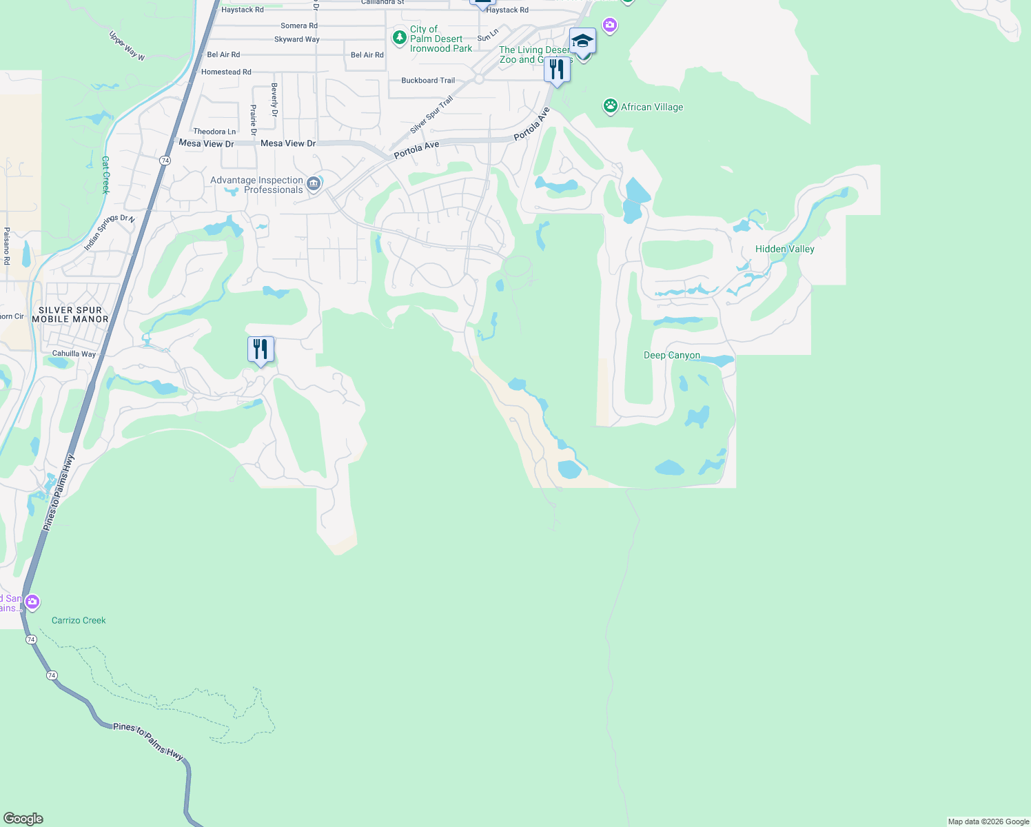 map of restaurants, bars, coffee shops, grocery stores, and more near 49755 Desert Vista Drive in Palm Desert