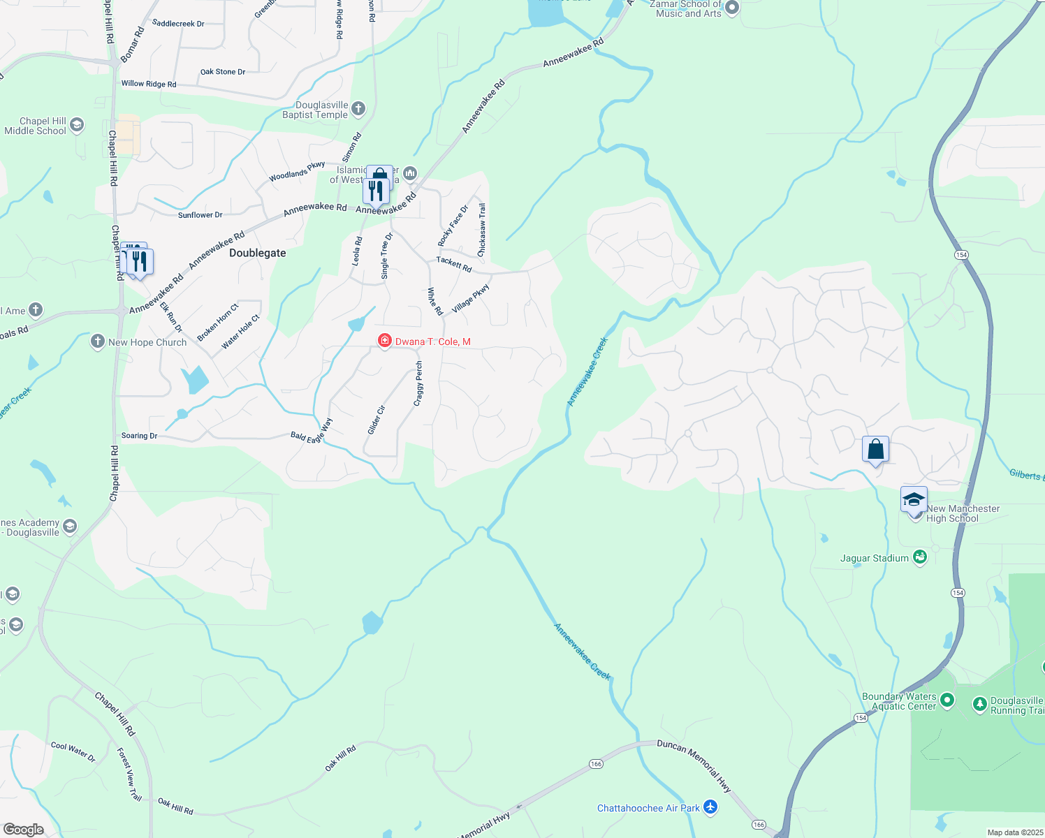 map of restaurants, bars, coffee shops, grocery stores, and more near 3130 Lower Creek Drive in Douglasville