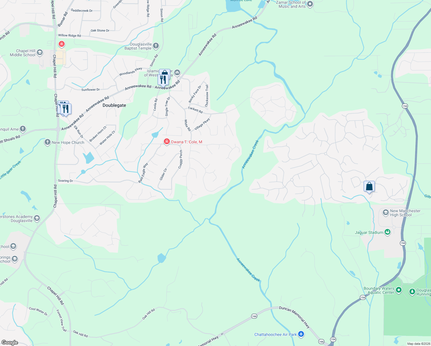map of restaurants, bars, coffee shops, grocery stores, and more near 4454 Big Bluff Court in Douglasville