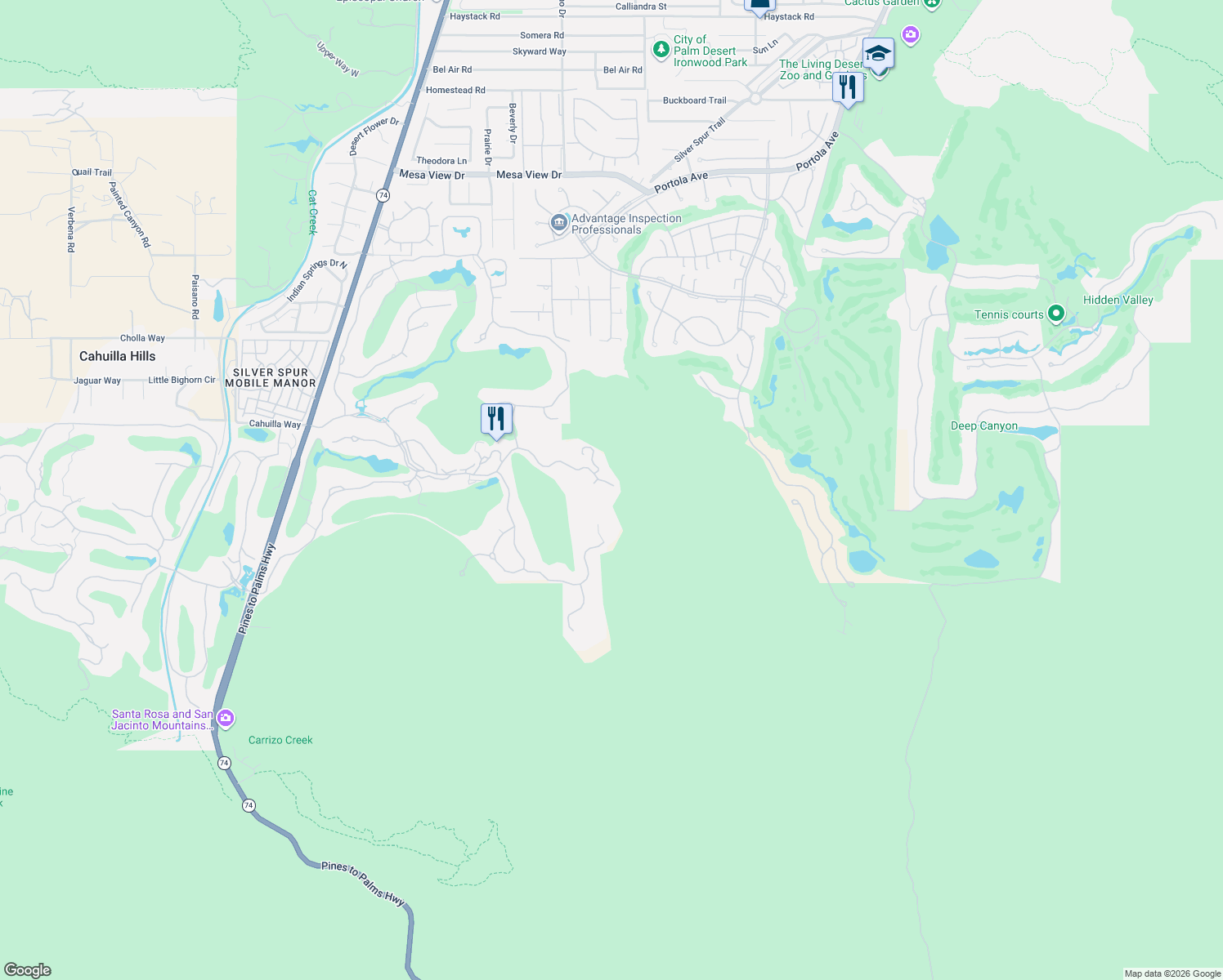 map of restaurants, bars, coffee shops, grocery stores, and more near 707 Summit Cove in Palm Desert