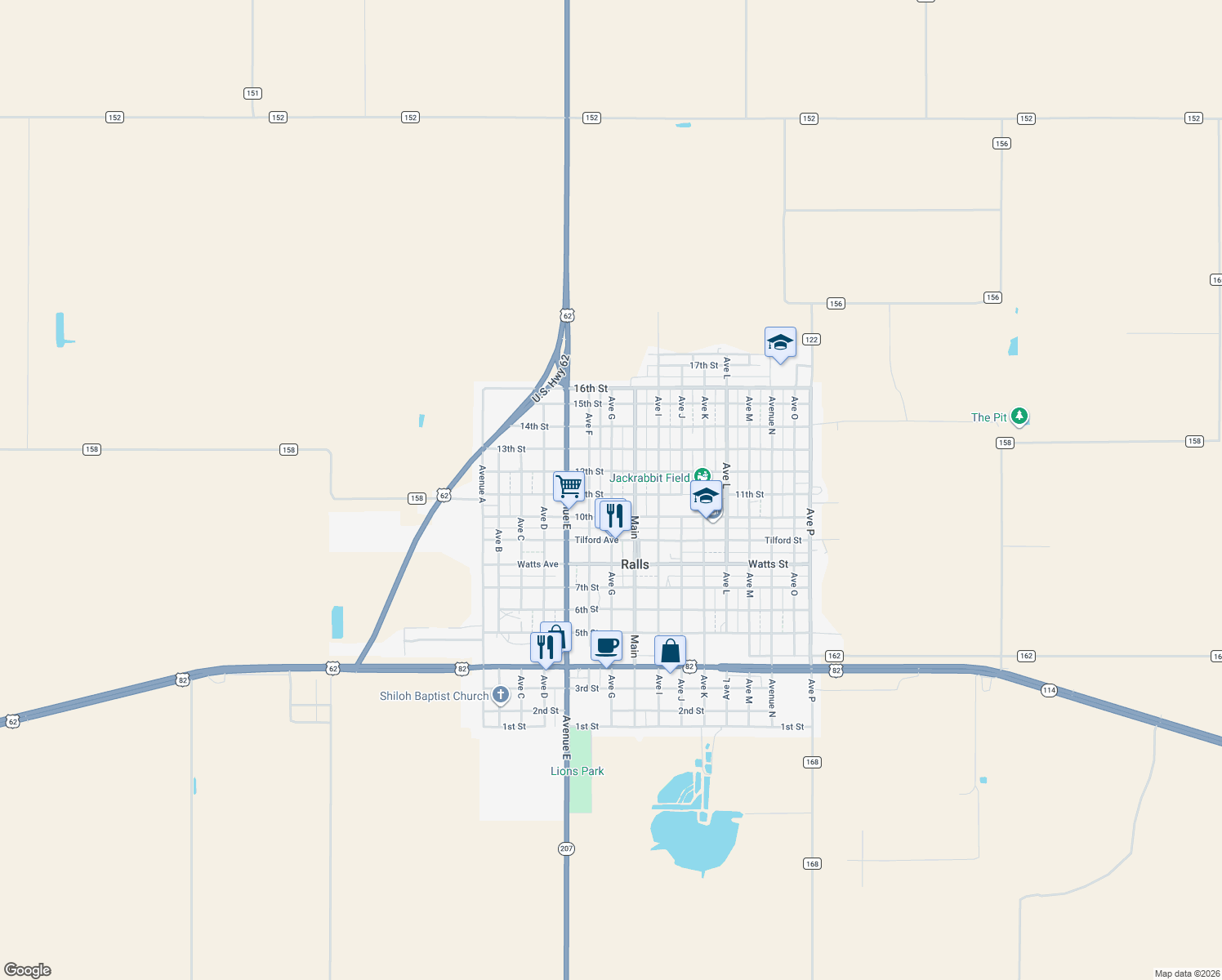 map of restaurants, bars, coffee shops, grocery stores, and more near 1198 Avenue G in Ralls