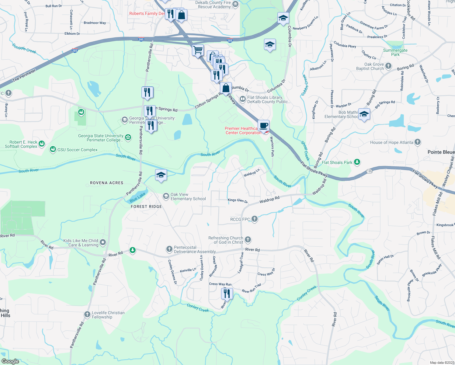 map of restaurants, bars, coffee shops, grocery stores, and more near 3535 Waldrop Trail in Decatur