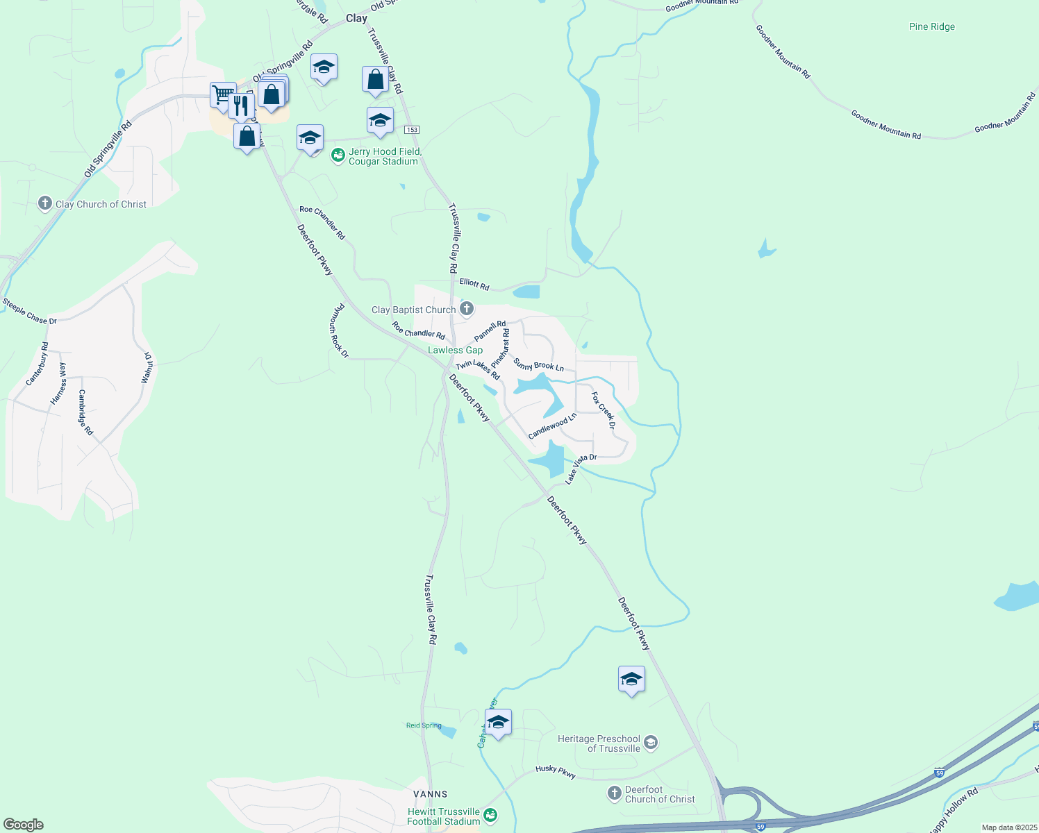 map of restaurants, bars, coffee shops, grocery stores, and more near 106 Georgia Manor Lane in Trussville