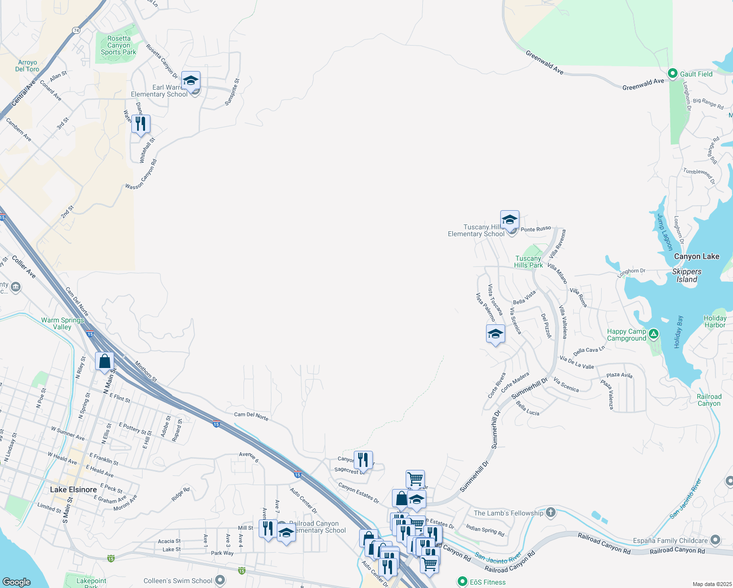 map of restaurants, bars, coffee shops, grocery stores, and more near 28851 Murrieta Road in Menifee