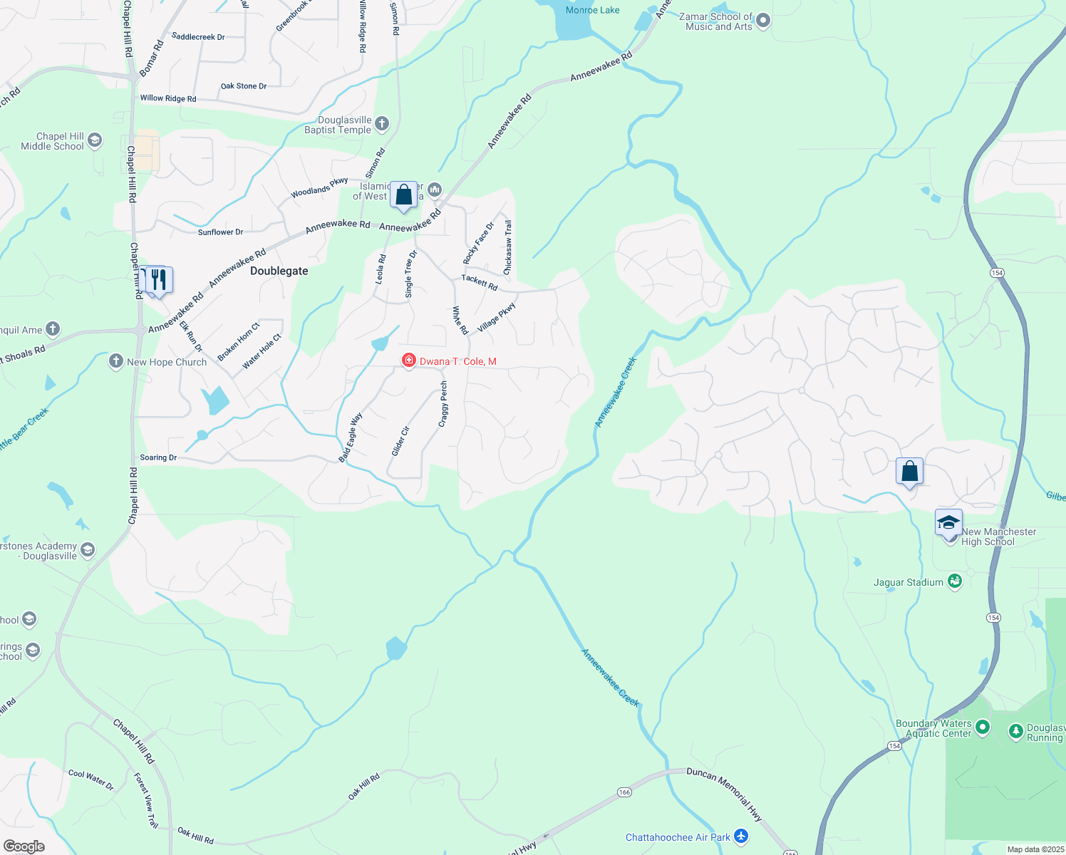 map of restaurants, bars, coffee shops, grocery stores, and more near 4454 Big Bluff Court in Douglasville