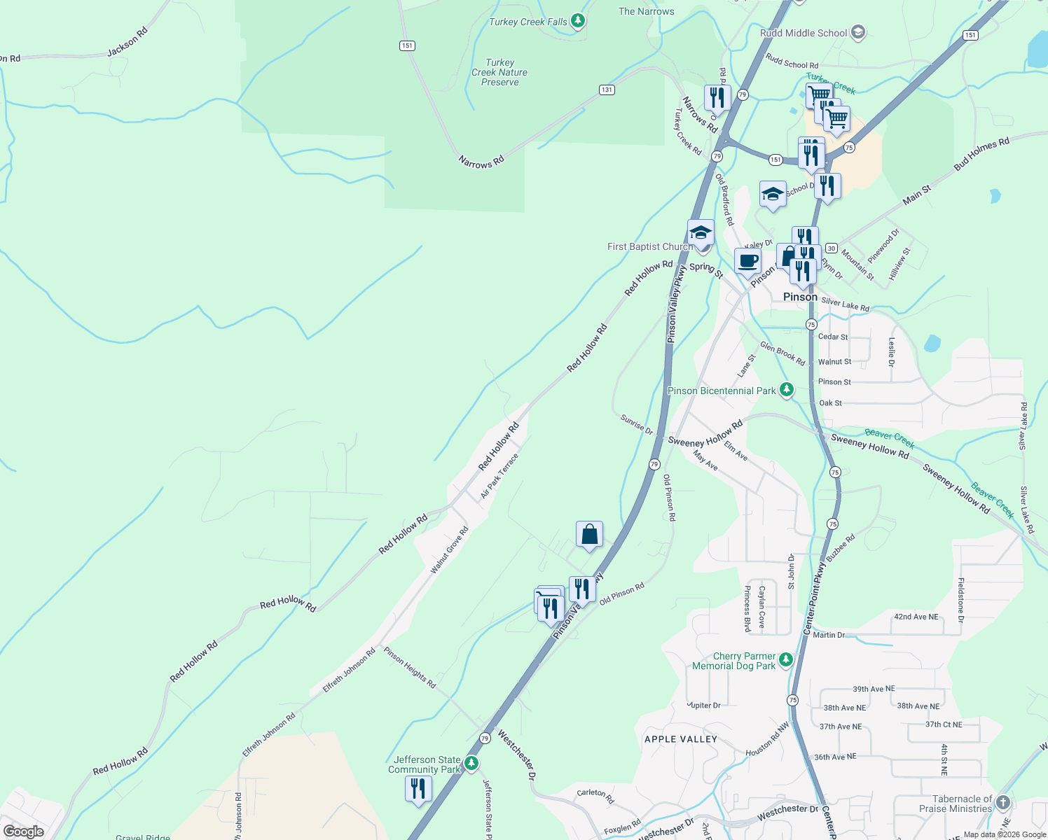 map of restaurants, bars, coffee shops, grocery stores, and more near 6155 Red Hollow Road in Birmingham
