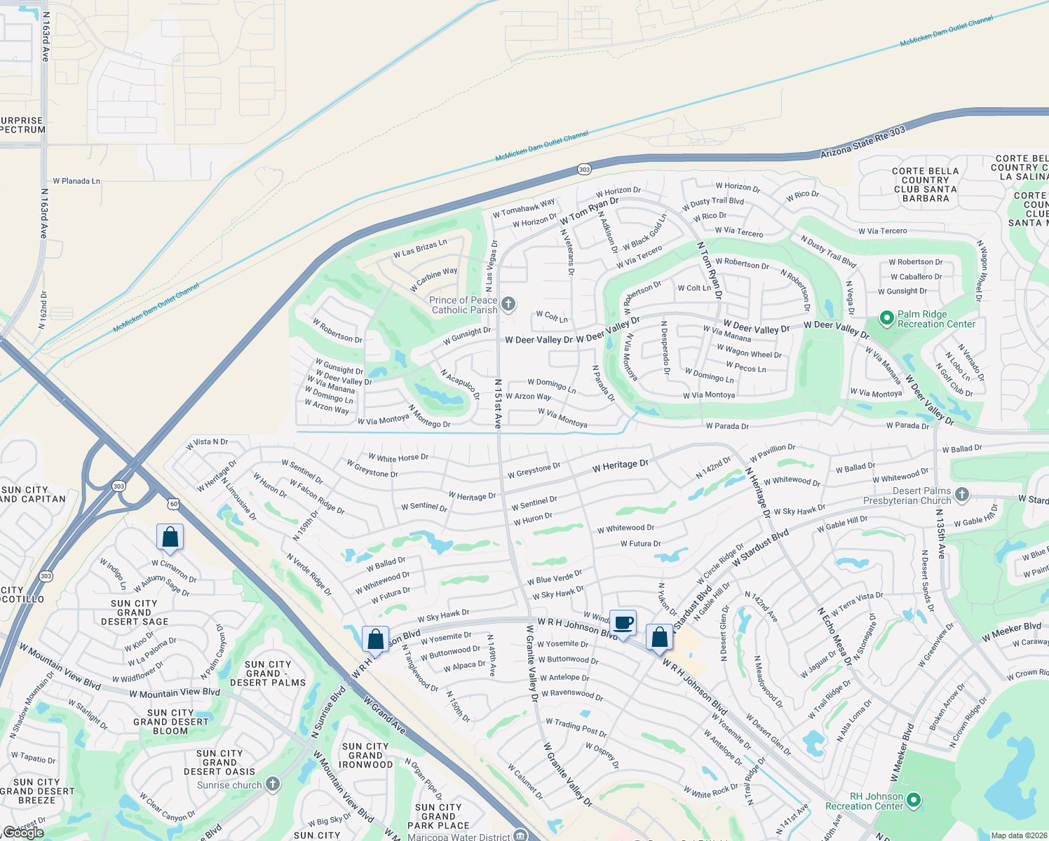 map of restaurants, bars, coffee shops, grocery stores, and more near 14818 West Horseman Lane in Sun City West