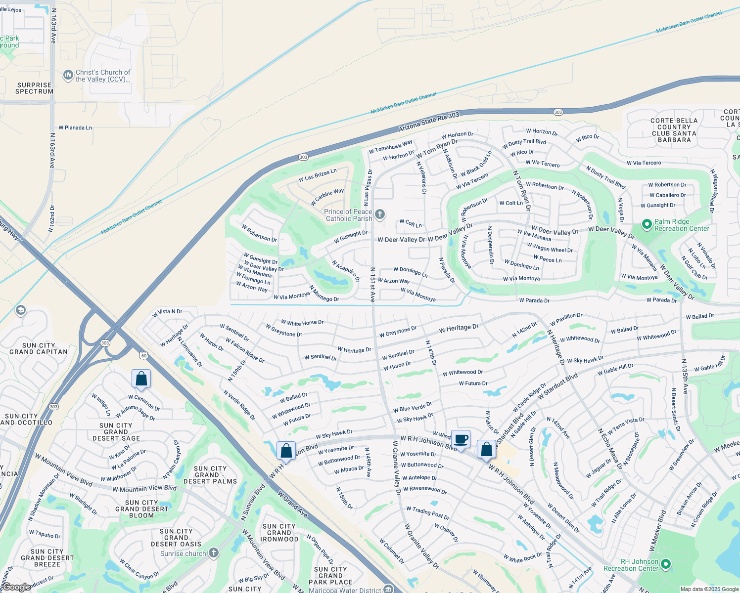 map of restaurants, bars, coffee shops, grocery stores, and more near 15106 West Horseman Lane in Sun City West