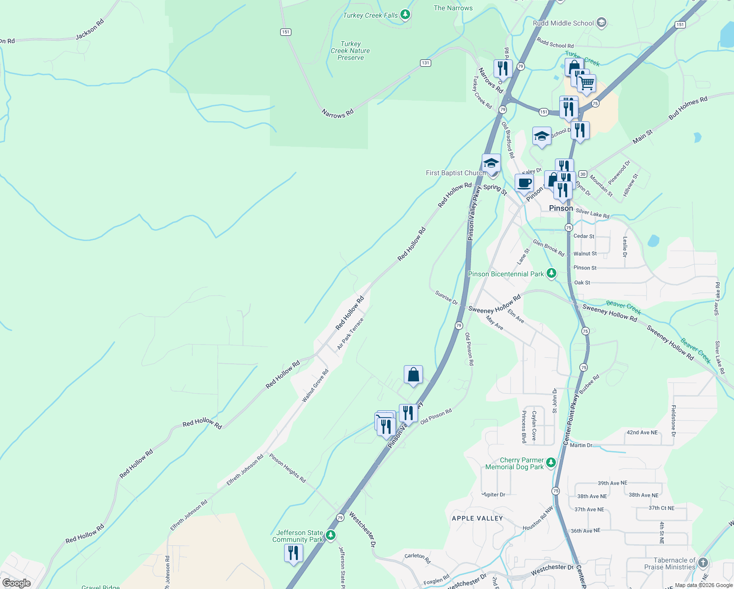 map of restaurants, bars, coffee shops, grocery stores, and more near 6155 Red Hollow Road in Birmingham