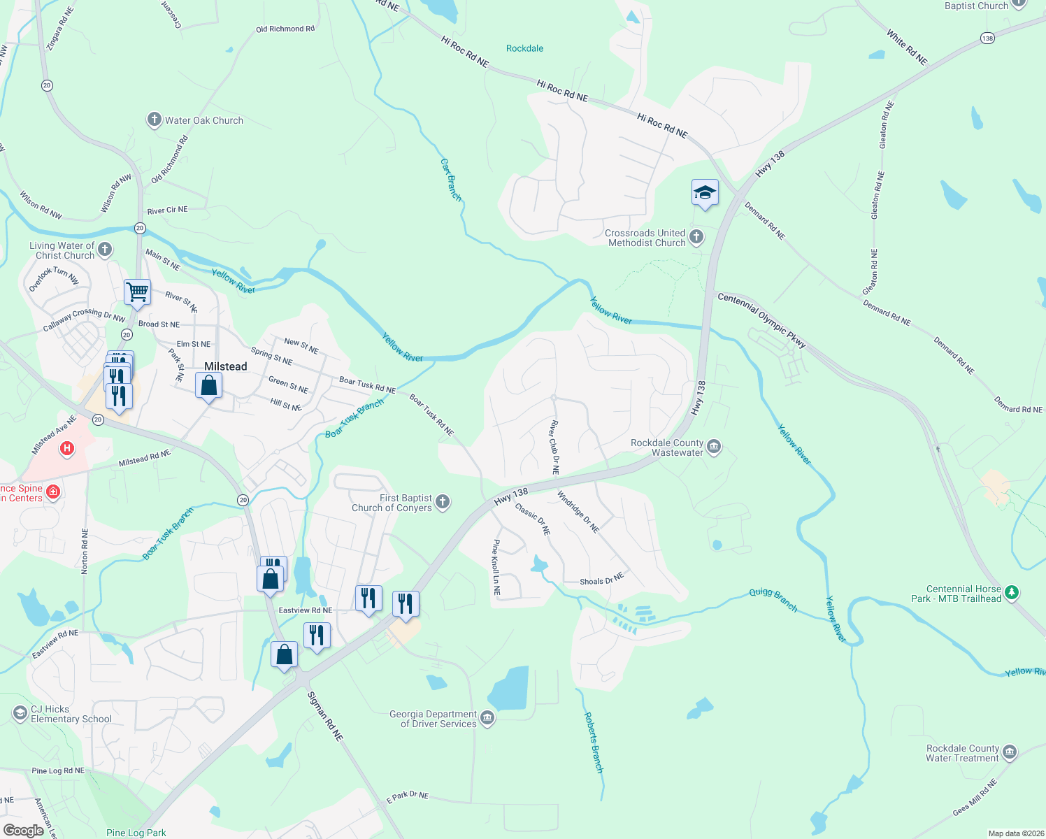 map of restaurants, bars, coffee shops, grocery stores, and more near 1468 Queenie Smith Rd NE in Conyers
