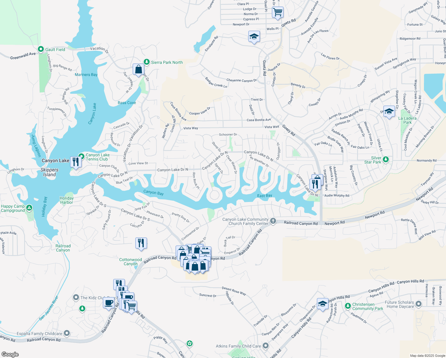 map of restaurants, bars, coffee shops, grocery stores, and more near 30172 Spray Drive in Canyon Lake