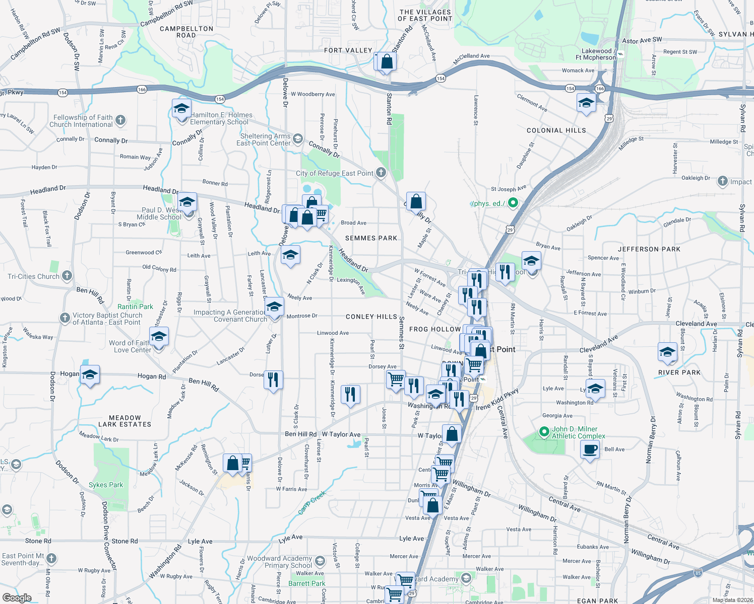 map of restaurants, bars, coffee shops, grocery stores, and more near 1866 Neely Avenue in East Point