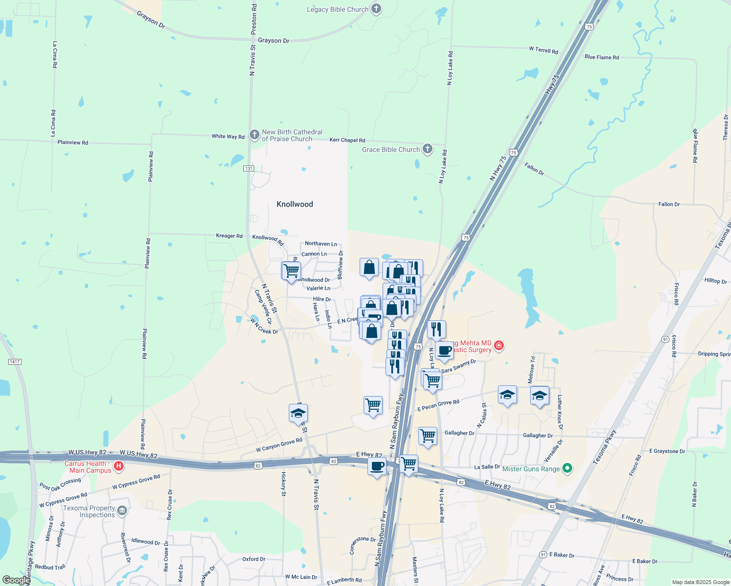 map of restaurants, bars, coffee shops, grocery stores, and more near 20 in Sherman