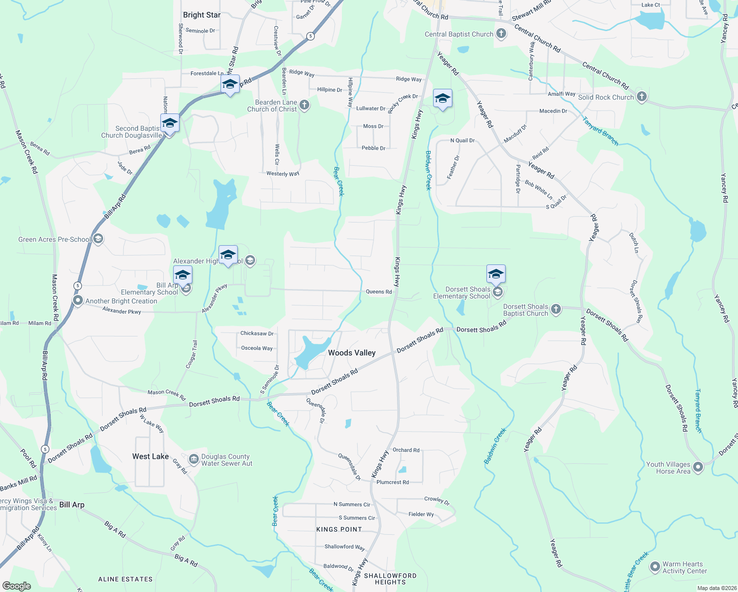 map of restaurants, bars, coffee shops, grocery stores, and more near 6175 Queens Rd in Douglasville
