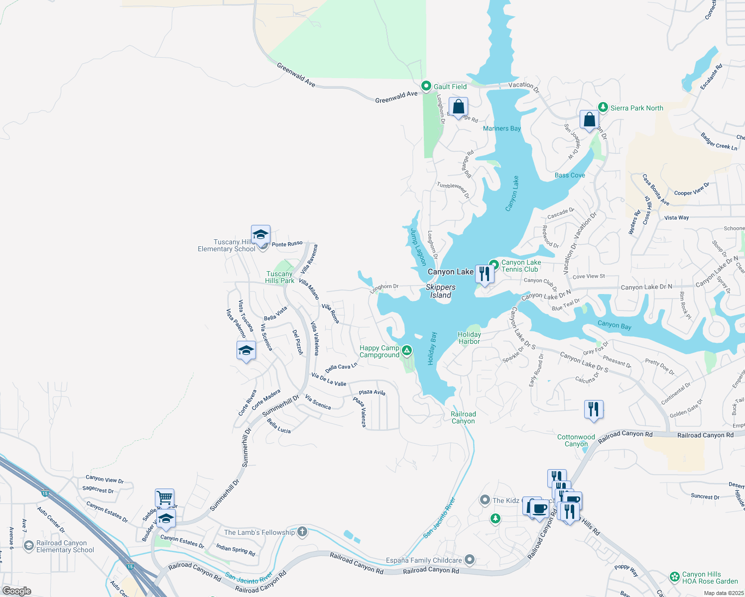 map of restaurants, bars, coffee shops, grocery stores, and more near 30280 Longhorn Drive in Canyon Lake