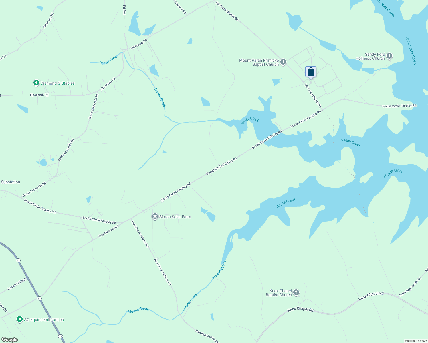 map of restaurants, bars, coffee shops, grocery stores, and more near 923 Social Circle Fairplay Road in Social Circle