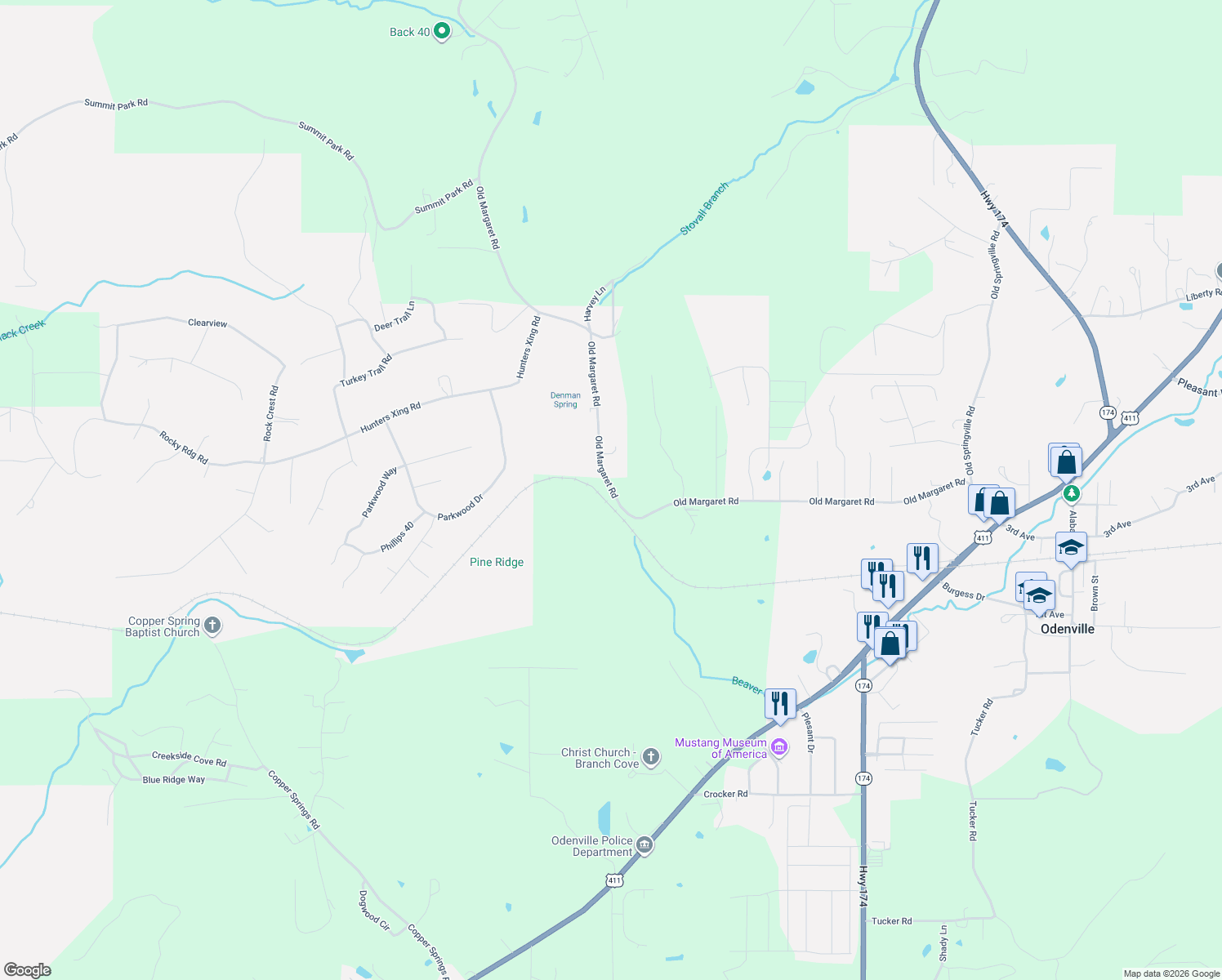 map of restaurants, bars, coffee shops, grocery stores, and more near 1494 Old Margaret Road in Odenville