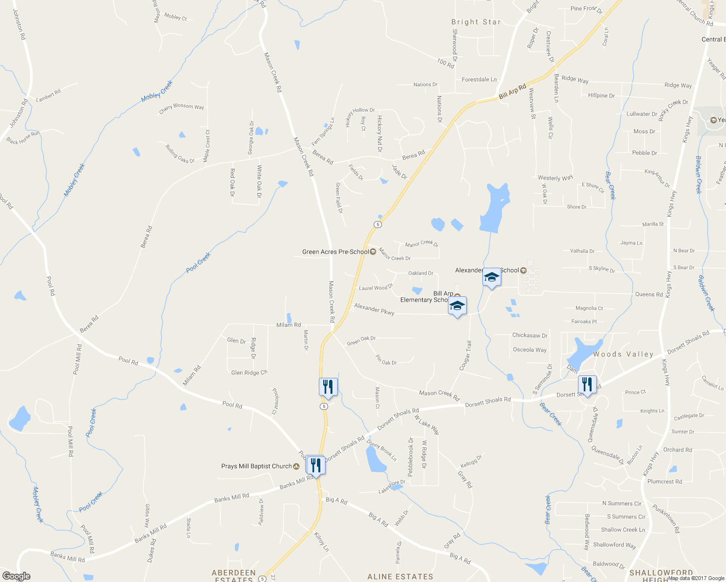 map of restaurants, bars, coffee shops, grocery stores, and more near 6917 Laurelwood Drive in Douglasville