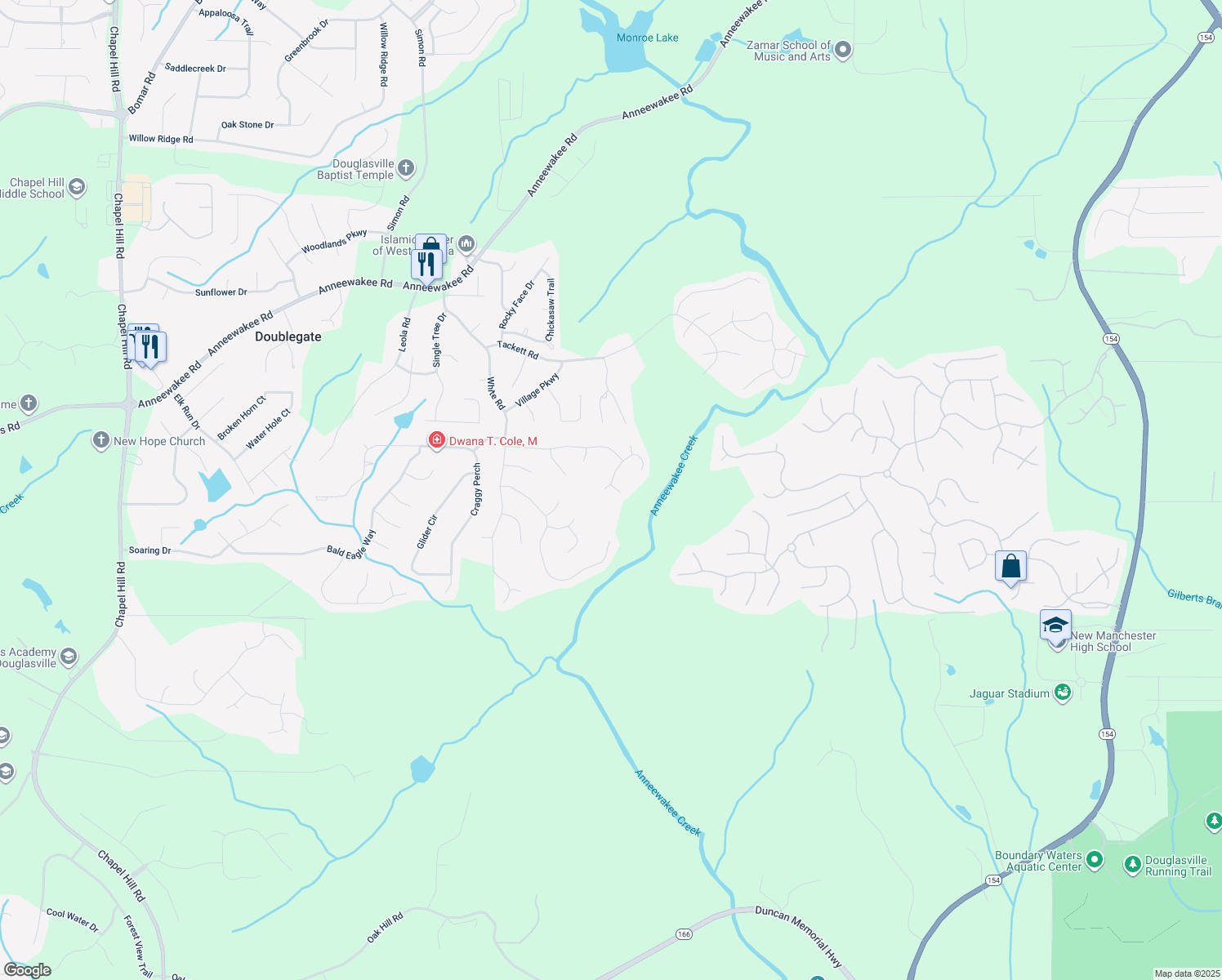 map of restaurants, bars, coffee shops, grocery stores, and more near 3255 Lodgepole Court in Douglasville