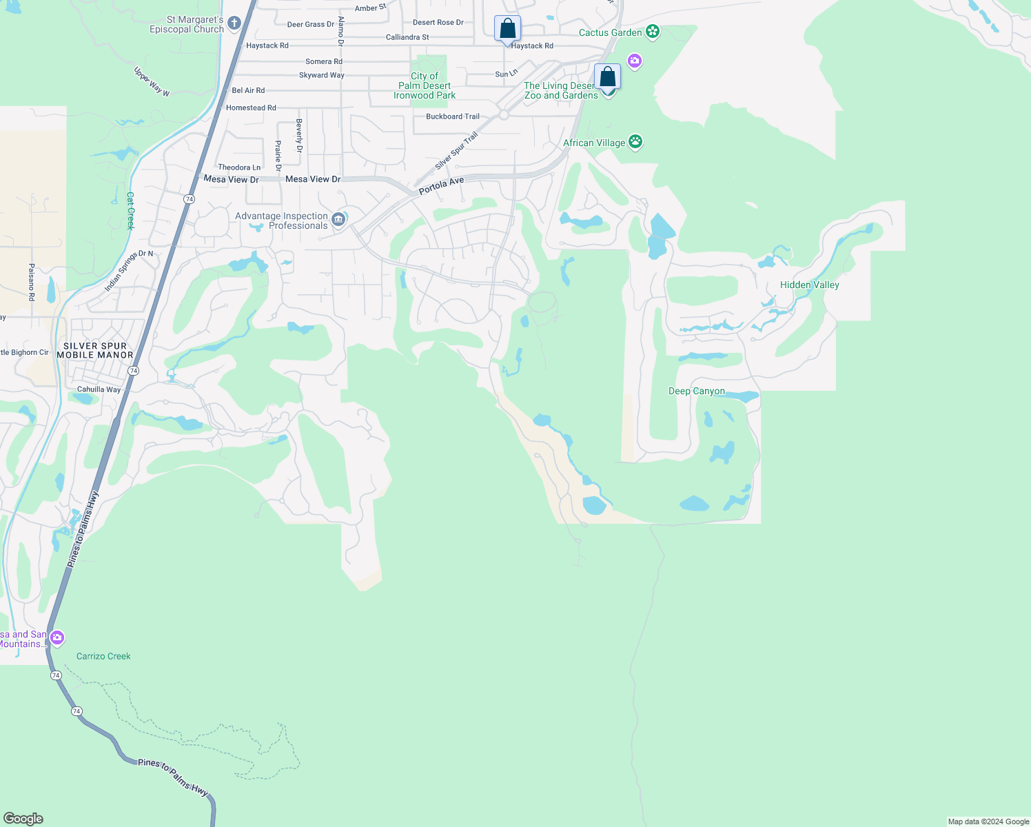 map of restaurants, bars, coffee shops, grocery stores, and more near 49687 Canyon View Drive in Palm Desert