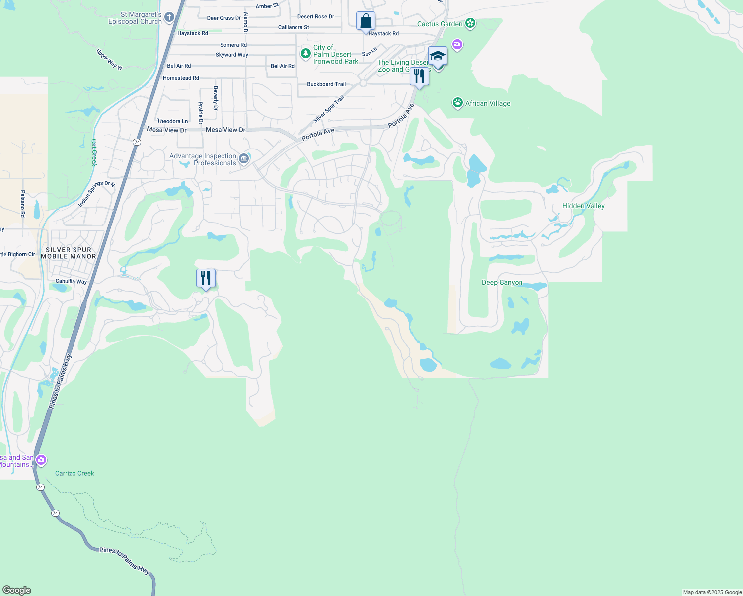 map of restaurants, bars, coffee shops, grocery stores, and more near 49687 Canyon View Drive in Palm Desert