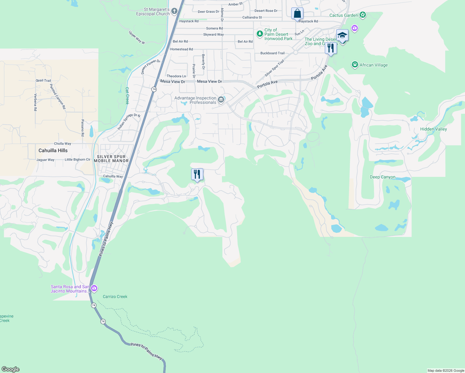 map of restaurants, bars, coffee shops, grocery stores, and more near 706 Summit Cove in Palm Desert