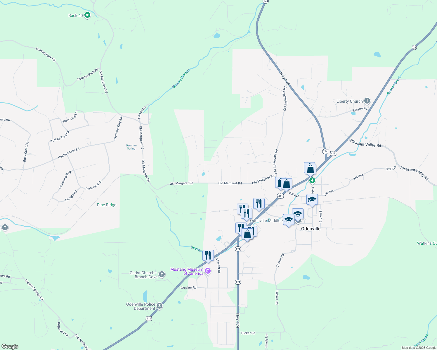 map of restaurants, bars, coffee shops, grocery stores, and more near 85 Hillcrest St in Odenville