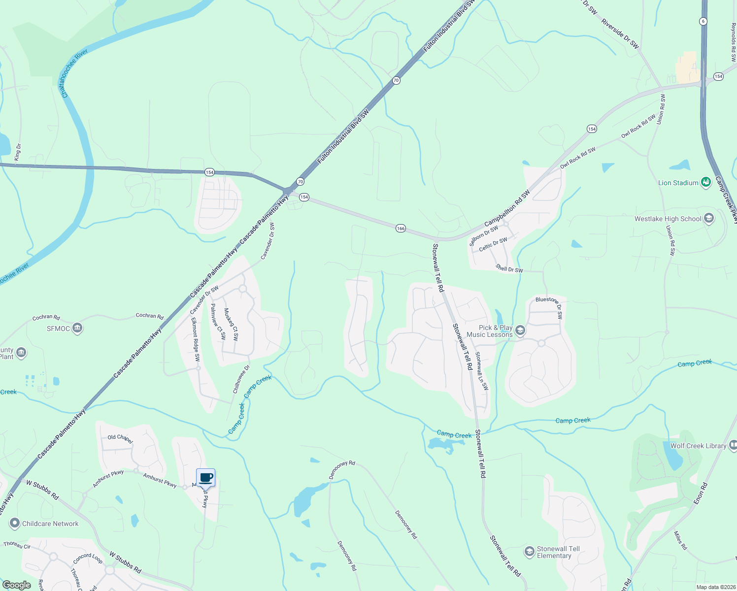 map of restaurants, bars, coffee shops, grocery stores, and more near 2982 Parkland View in Atlanta