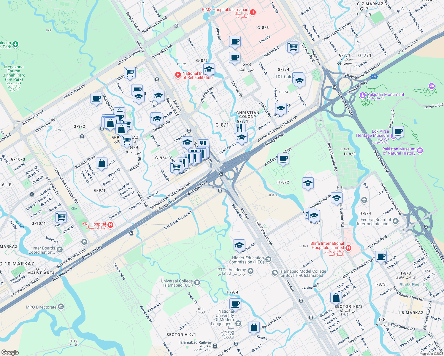map of restaurants, bars, coffee shops, grocery stores, and more near 9th Avenue in Islamabad