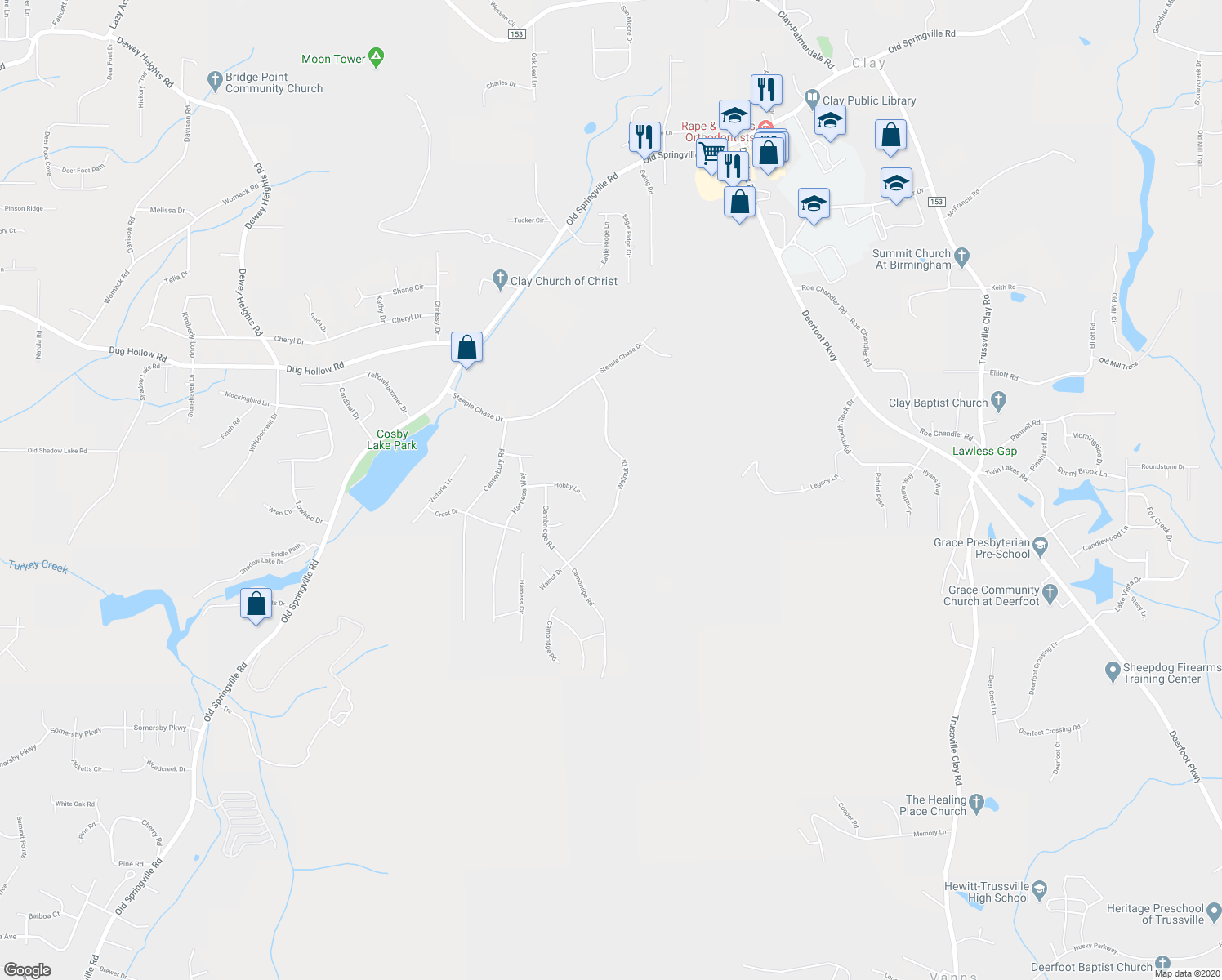 map of restaurants, bars, coffee shops, grocery stores, and more near 6344 Walnut Drive in Dixiana