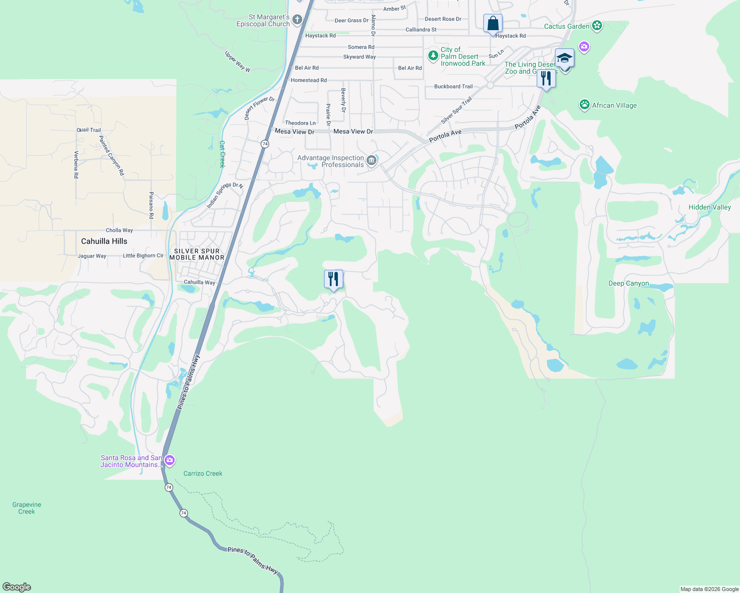 map of restaurants, bars, coffee shops, grocery stores, and more near 702 Summit Cove in Palm Desert