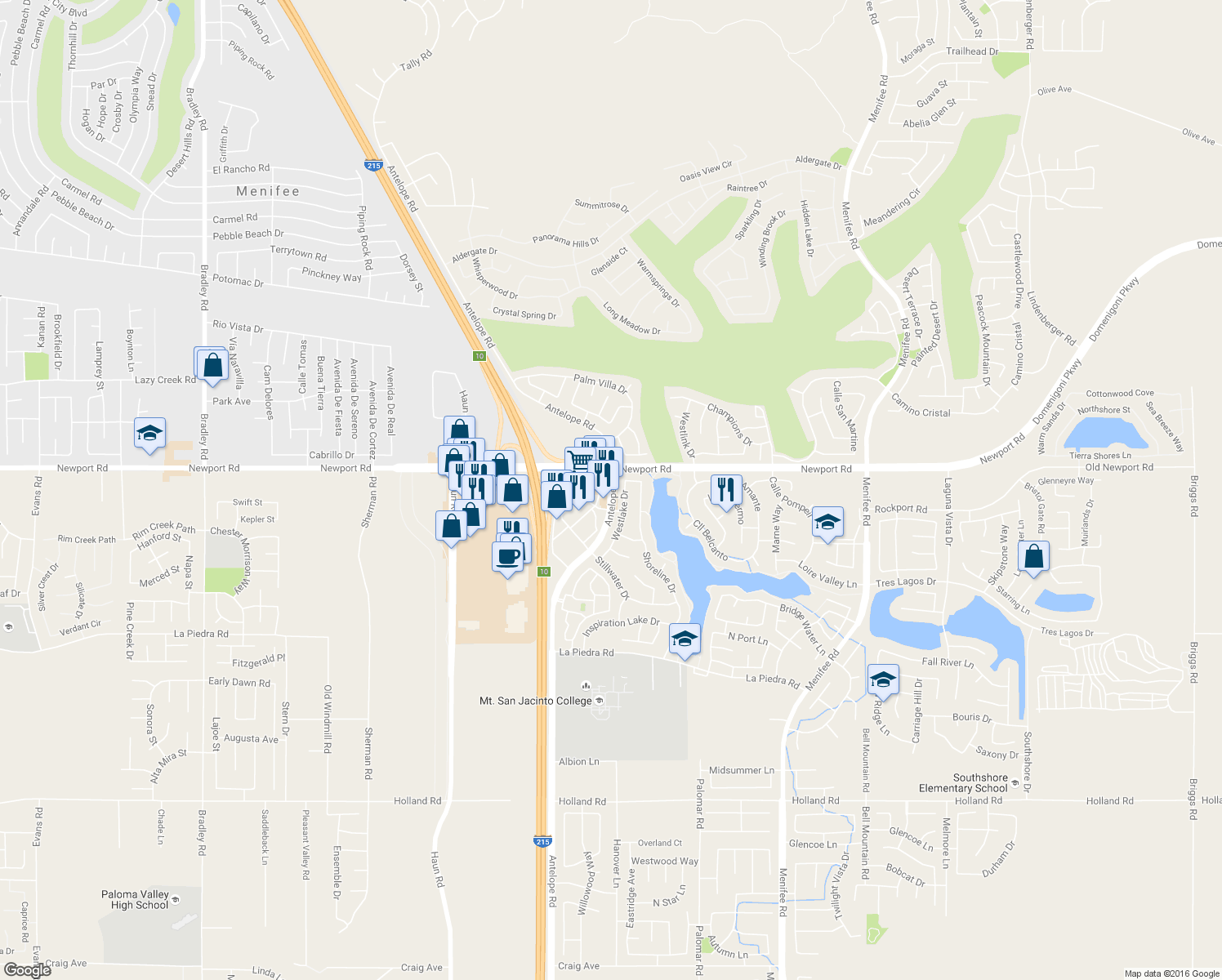 map of restaurants, bars, coffee shops, grocery stores, and more near 30111 Antelope Rd in Menifee