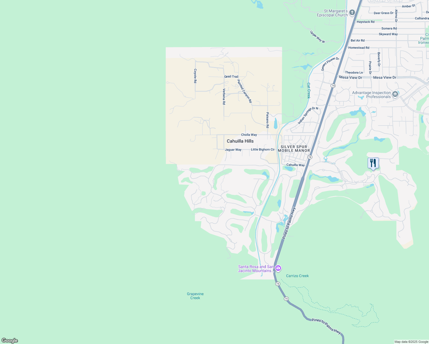 map of restaurants, bars, coffee shops, grocery stores, and more near 354 Metate Place in Palm Desert