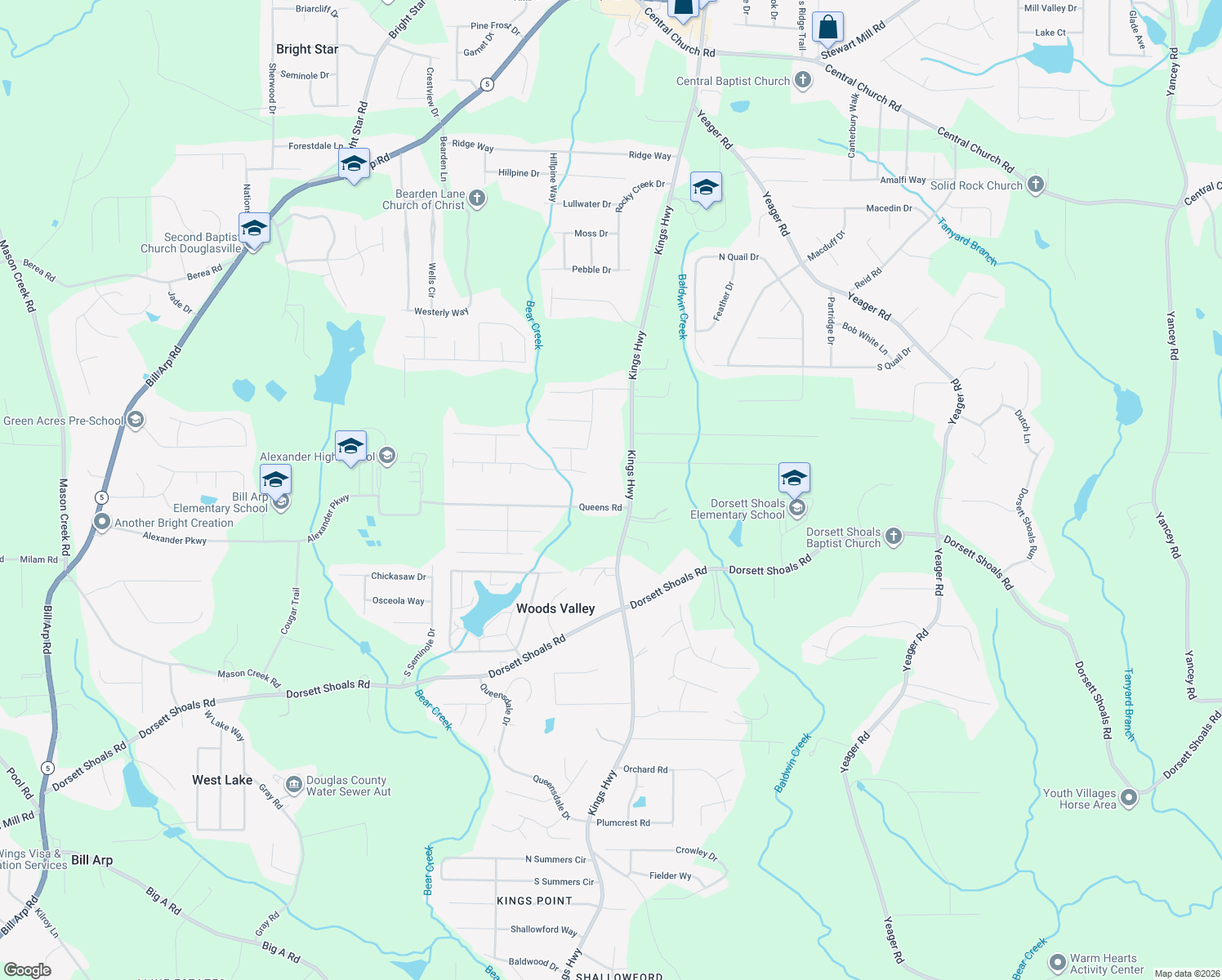 map of restaurants, bars, coffee shops, grocery stores, and more near 4461 Kings Hwy in Douglasville