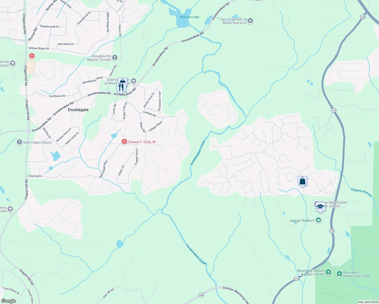 map of restaurants, bars, coffee shops, grocery stores, and more near 4381 Pipemaker Bluff in Douglasville